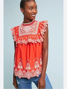 Feather Bone Anthropologie Short Sleeve Embroidered Blouse // Orange // 2